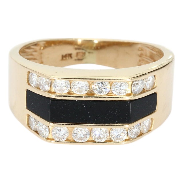 14k Gold Signet Ring With Black Center Stone Bar & Diamonds, Size 7 For Sale