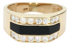 14k Gold Signet Ring With Black Center Stone Bar & Diamonds, Size 7