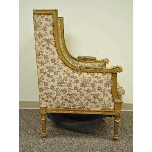 Antique French Louis XVI Victorian Gold Gilt Wood Wing Back Bergere Arm Chair For Sale In Philadelphia - Image 6 of 10