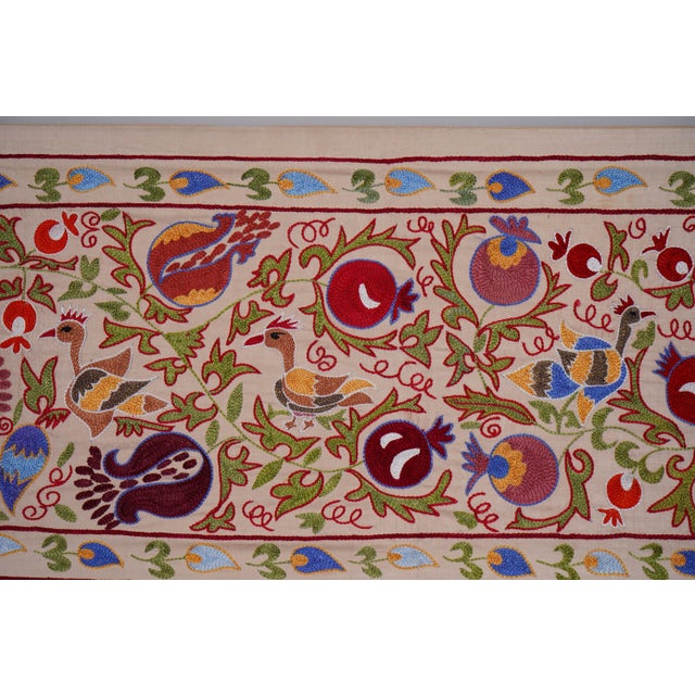 Floral Suzani Embroidery - Silk Cotton Blend Bird Table Runner Tapestry 1'8'' X 6'3'' For Sale In New York - Image 6 of 12