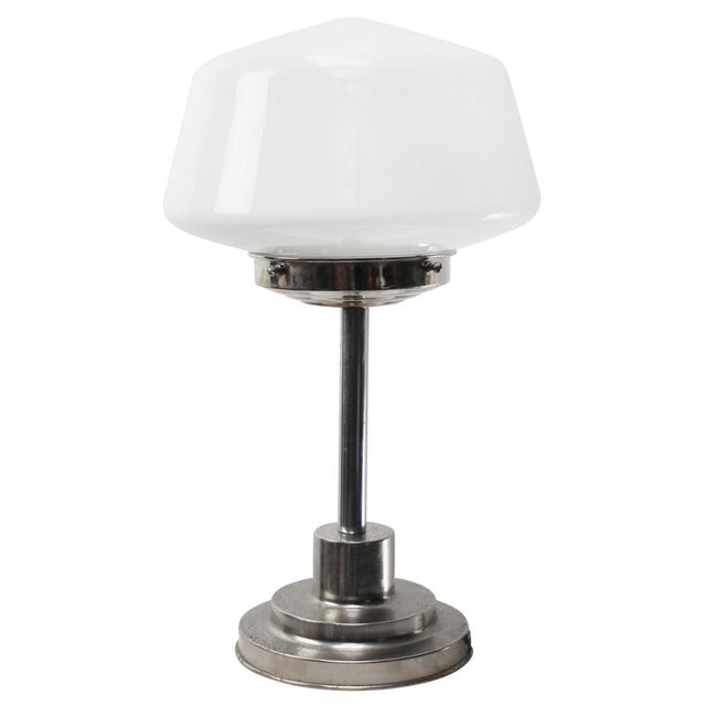 Silver Art Deco White Opaline Glass and Nickel-Plated Desk Lamp For Sale - Image 8 of 8