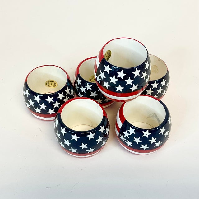 Vintage Americana Arts & Crafts Boho Chic Painted Wood Flag Motif Napkin Rings - Set of 6 - 4th of July For Sale - Image 12 of 14