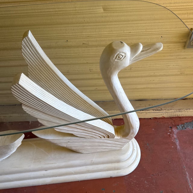Hollywood Regency Vintage Hollywood Regency Carved Double Swan Console Table With Glass Top For Sale - Image 3 of 5