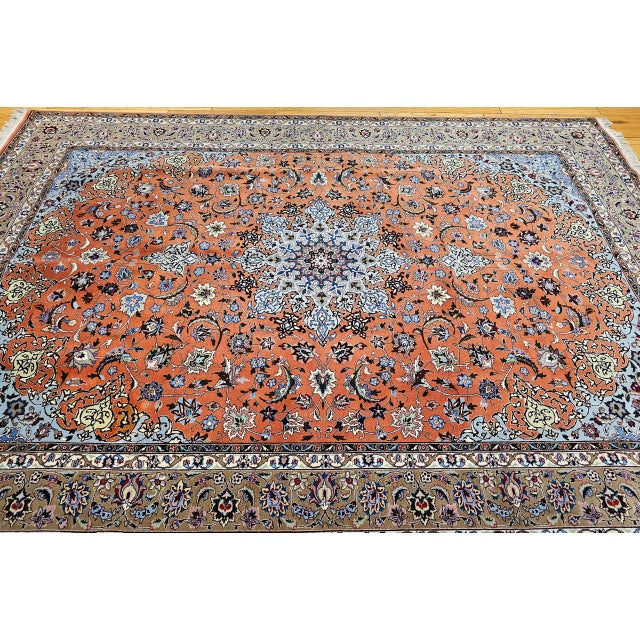 Persian Tabriz Rug, Hand-Knotted Wool & Silk, Fine Floral Pattern, Terracotta & Blue, 7x10 For Sale - Image 10 of 14