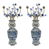 Image of Pair Late 20th Century Blue and White Chinoiserie Wall Pocket Sconces With Candle Stick Holder For Sale