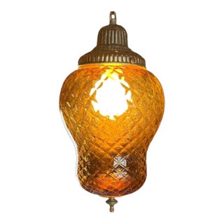 Vintage 1960s Amber Diamond-Cut Glass Swag Lamp With Brass Hardware For Sale