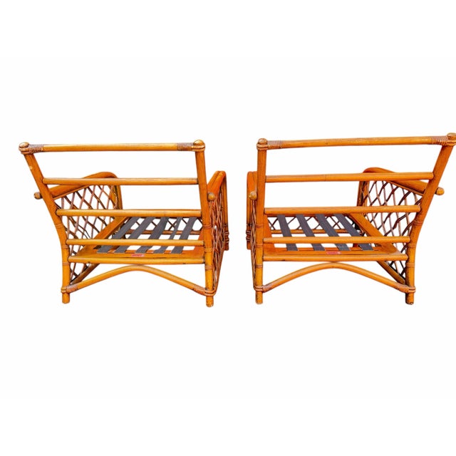 Coastal Pair of Vintage Ficks Reed Rattan Lounge Chair Frames With Lattice Sides For Sale - Image 3 of 13