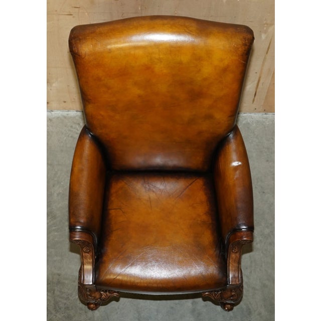 Early 19th Century Pair of Antique Heavily Carved Hand Dyed Brown Leather Throne Armchairs For Sale - Image 5 of 18