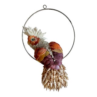 Vintage Boho Shell Encrusted Cockatoo on Antique Stand For Sale