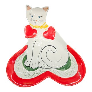 Vintage Porcelain Cat With Red Hearts Hand Painted Tray/Dish, Made in Italy For Sale