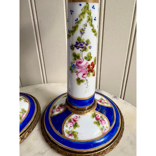 Sèvres Porcelain Antique Sèvres-Style Porcelain & Bronze Hand-Painted Candlesticks Pair Lp Paris For Sale - Image 4 of 12