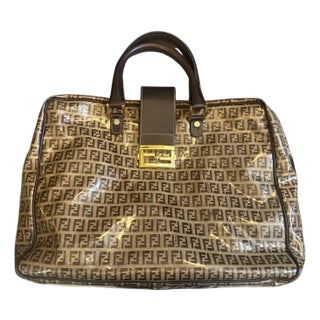 1980s Iconic Plastic and Leather Continuous Logo Large Top Handle Bag by Fendi For Sale