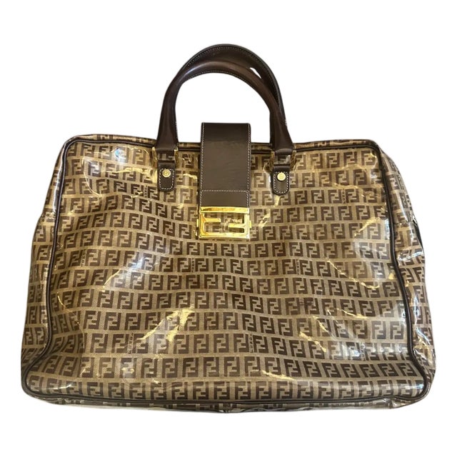 1980s Iconic Plastic and Leather Continuous Logo Large Top Handle Bag by Fendi For Sale