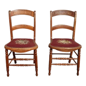 1930s Vintage French Country Farmhouse Red Tapestry Needlepoint Chairs - a Pair
