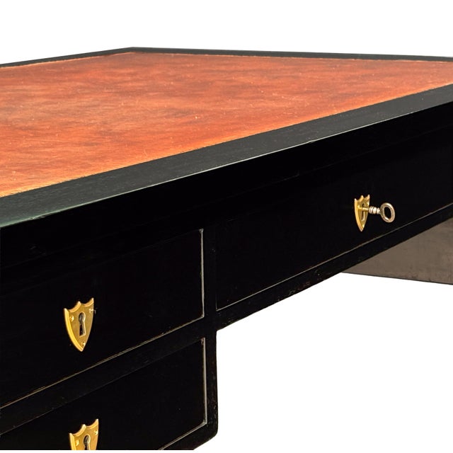 Large French Louis XVI Ebonized Writing Table or Desk With Embossed Leather Top For Sale - Image 11 of 15