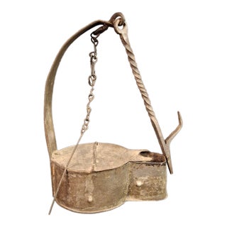 Large Antique Colonial Tin Betty Lamp Wrought Iron Twist Hook Wick Pick C 1820 For Sale