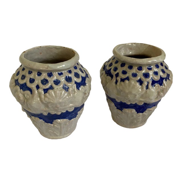 Pair of Cream and Blue Pottery Small Vases For Sale