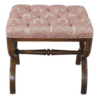 Antique English Regency Mahogany X Frame Paisley Tufted Ottoman Stool Bench For Sale