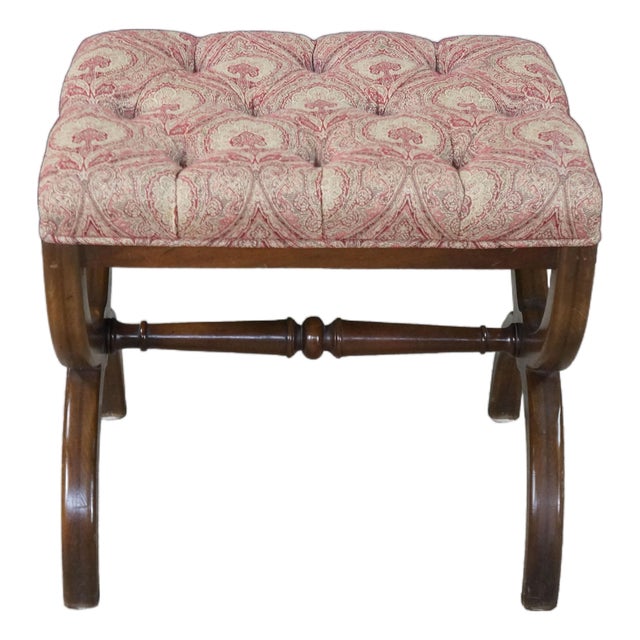 Antique English Regency Mahogany X Frame Paisley Tufted Ottoman Stool Bench For Sale