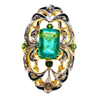 Bochic “Capri” Vintage Natural Diamond & Emerald Vintage Retro Ring Set In 18K For Sale