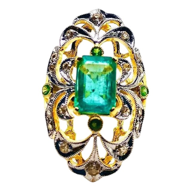 Bochic “Capri” Vintage Natural Diamond & Emerald Vintage Retro Ring Set In 18K For Sale