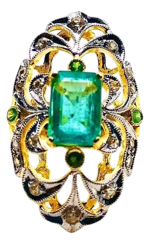 Bochic “Capri” Vintage Natural Diamond & Emerald Vintage Retro Ring Set In 18K