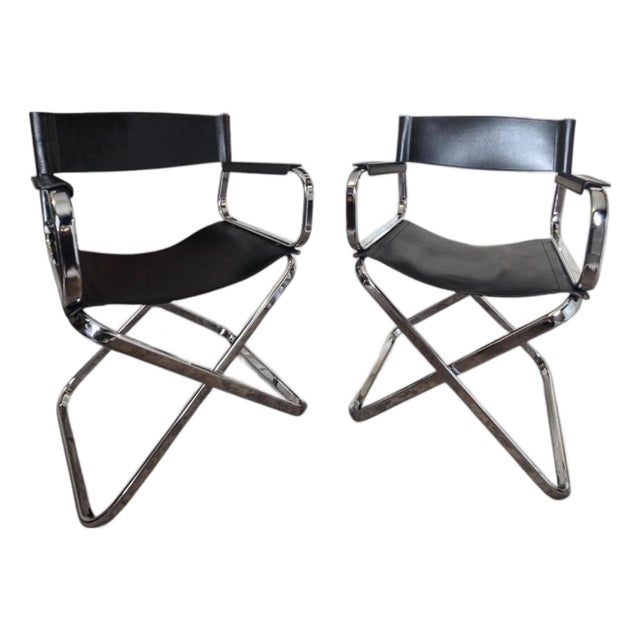 Vintage Italian Leather Director or Captains Chairs – Chrome Folding Pair For Sale