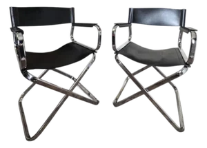 Vintage Italian Leather Director or Captains Chairs – Chrome Folding Pair