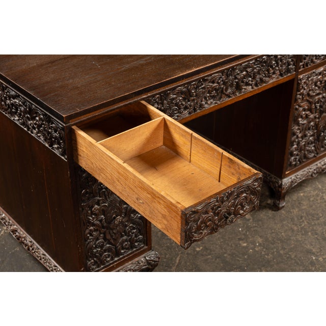 Hand-Carved Indonesian Floral Kneehole Desk For Sale - Image 12 of 16