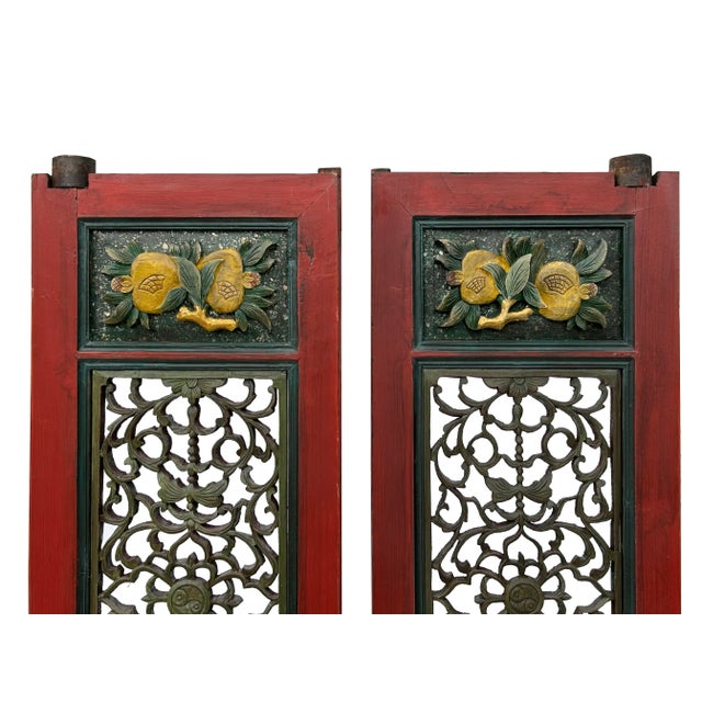 Pair Vintage Red Green Yellow Fujian Relief Carving Door Panels For Sale - Image 9 of 11