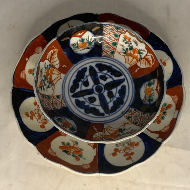 19th Century Japanese Imari Low Bowl and Plate for your consideration. The plate measures approx. 8 1/2 inches in diameter...