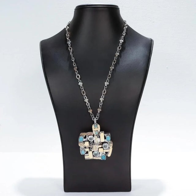 Gold Vintage Signed Modernist 1970's Gold, Silver, & Gemstone Necklace/Brooch by Resia Schor For Sale - Image 8 of 12