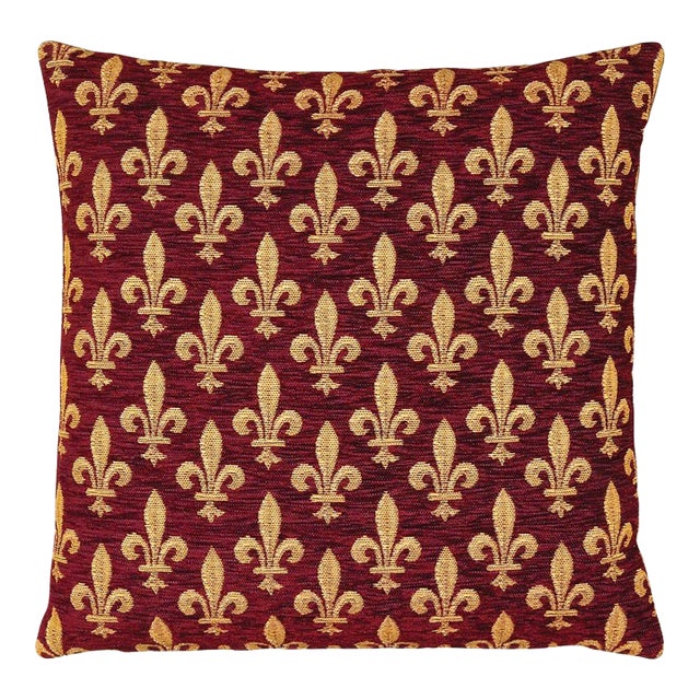 Fleur De Lys-Burgundy Tapestry Cushion With Feather Filler - 46x46cm (18"x18") For Sale