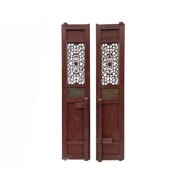 Pair Vintage Red Green Yellow Fujian Relief Carving Door Panels For Sale - Image 4 of 11