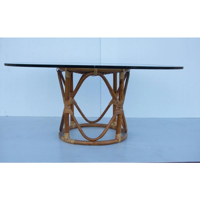 Vintage Wicker Rattan Bentwood Round Glass Top Coffee Table in the Style of Franco Albini Mid to Late 20th Century Rattan...
