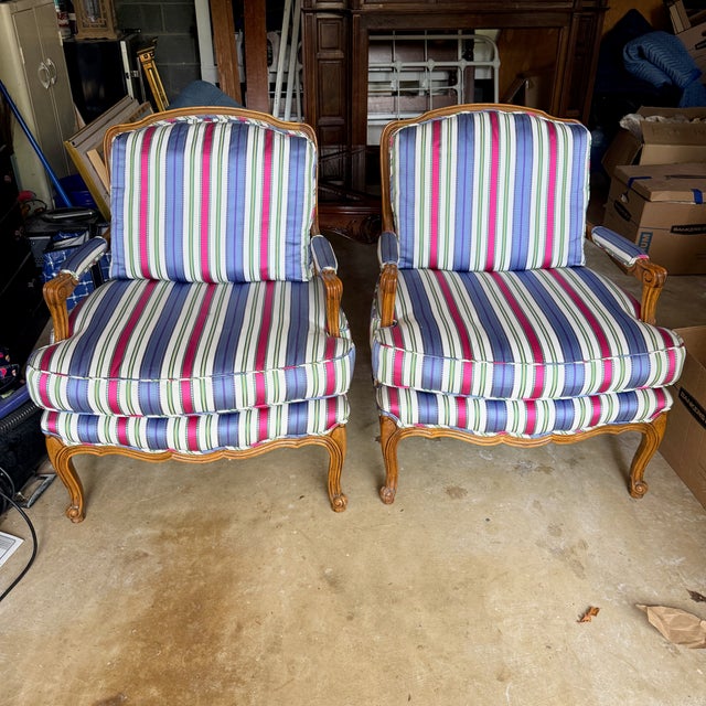 Pair Striped Baker Bergères For Sale - Image 9 of 11