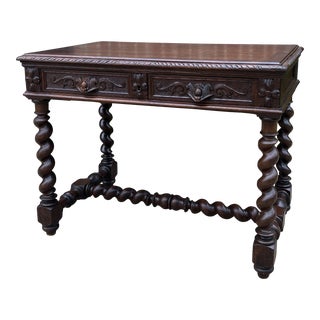 Antique French Desk Table Renaissance Revival 3" Barley Twist Oak 2 Drawers For Sale