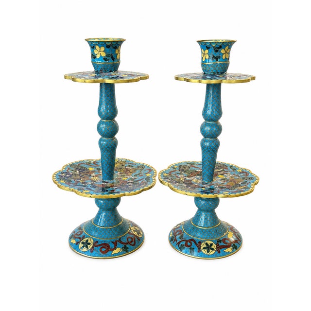 Pair of Vintage Chinese Cloisonné Enamel Candlesticks With Dragon Motif For Sale - Image 4 of 6