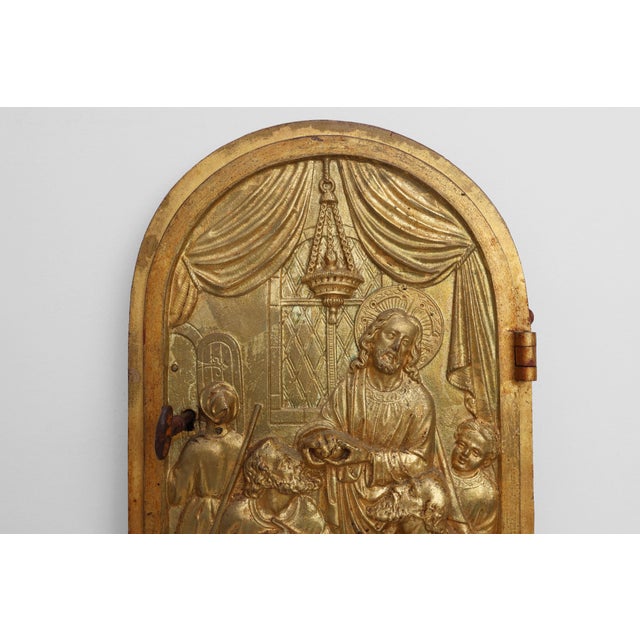 Metal Neo‑Gothic Tabernacle Door with Gilded Bronze Last Supper Plaque, France, 1880 For Sale - Image 7 of 13