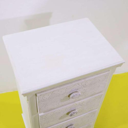 Narrow Shabby Chic White Wooden Chest of Drawers with Decorated Drawers