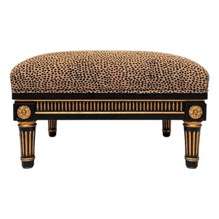 Late 20th Century Interior Crafts French Ebony Gold Gilded Leopard Chenille Footstool For Sale