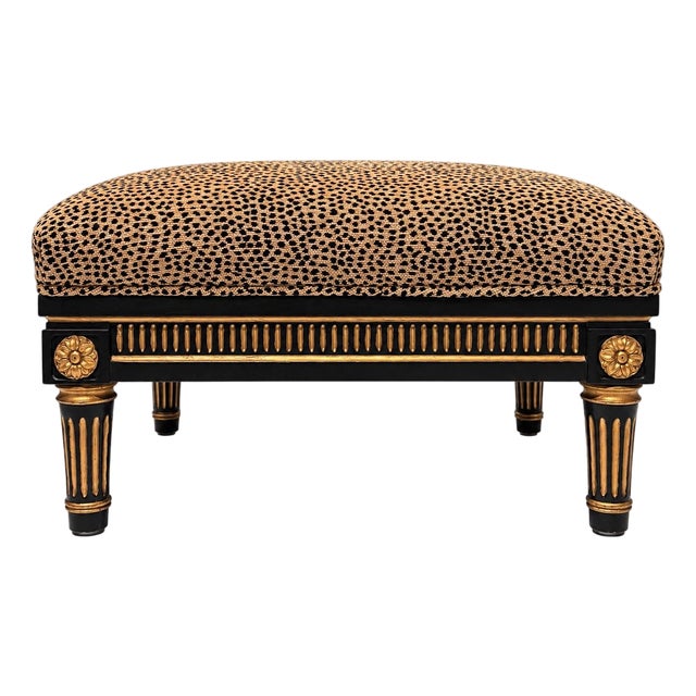 Late 20th Century Interior Crafts French Ebony Gold Gilded Leopard Chenille Footstool For Sale