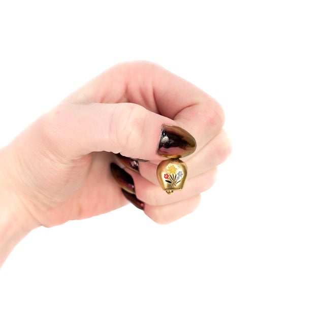 Mid-Century Modern Vintage 18k Gold Lucerne Switzerland Figural Bell With Enamel Flowers Charm For Sale - Image 3 of 11