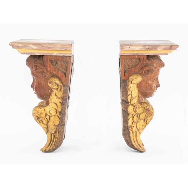 Late 19th Century Late 19th Century Faux Marble Carved Giltwood Cherub Wall Shelves, 2 For Sale - Image 5 of 6