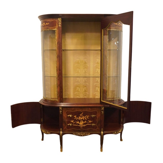 Early 20th Century Vintage Antique Louis XVI French Provincial Style 58" Ornate Ormolu and Inlay Vitrine Display Curio China Cabinet For Sale - Image 5 of 10