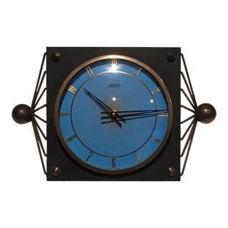 Circa 1950 Lacquered Metal, Brass and Glass Clock For Sale