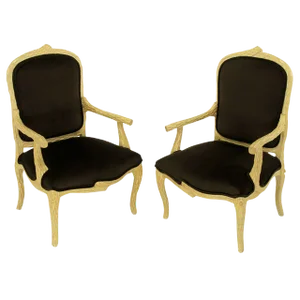 Faux Bois and Velvet Louis XV Style Fauteuils - a Pair
