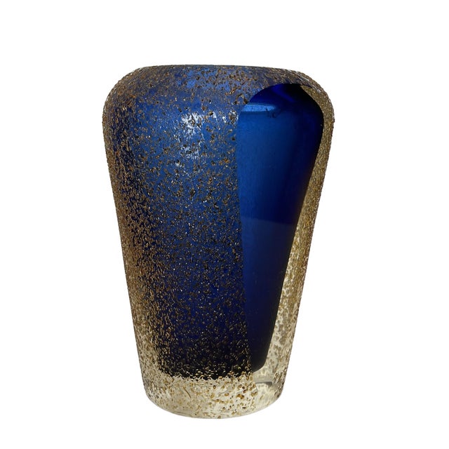 Glass Mid Century Modern Modern Cobalt Blue Glass Vase in the Style of Murano Alessandro Mandruzzato Sommerso Texture Glass For Sale - Image 7 of 14