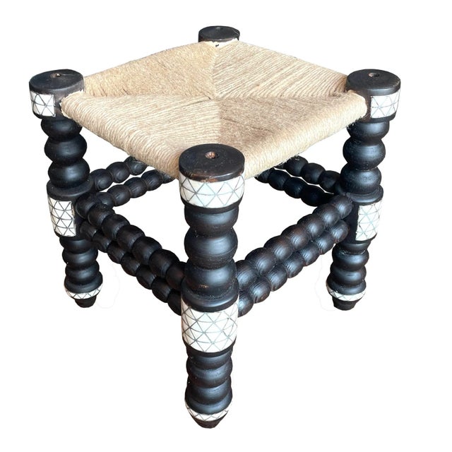Ebony 1990s Vintage Mother of Pearl Inlaid Stool For Sale - Image 8 of 8