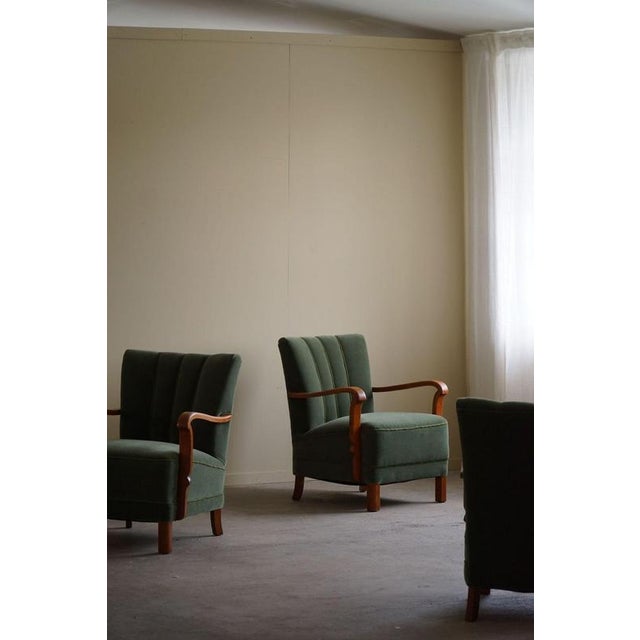 Art Deco Danish Armchairs in Oak & Green Mohair, 1930s, Set of 3 For Sale - Image 3 of 18